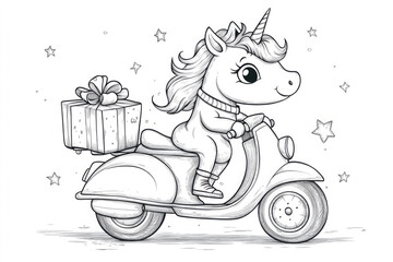 Playful unicorn piloting colorful moped, carrying gift box amid sparkling stars, inspiring whimsical children's illustration for creative coloring adventures