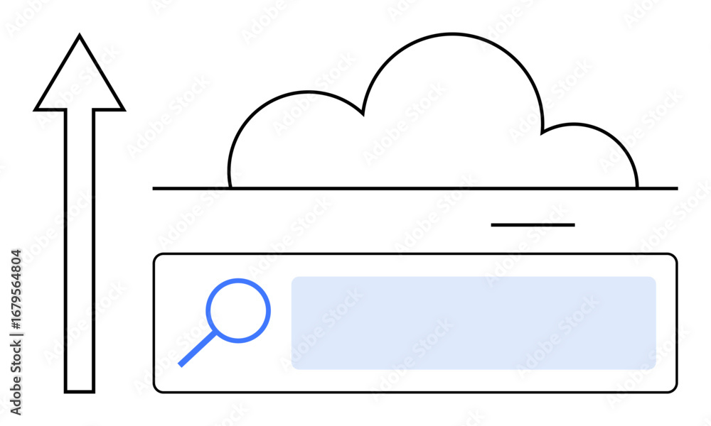Aufkleber arrow pointing upward beside a cloud drawn above a search bar symbolizing cloud storage, upload, and