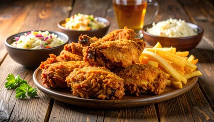 Crispy Fried Chicken with Sides of Fries and Fresh Salads