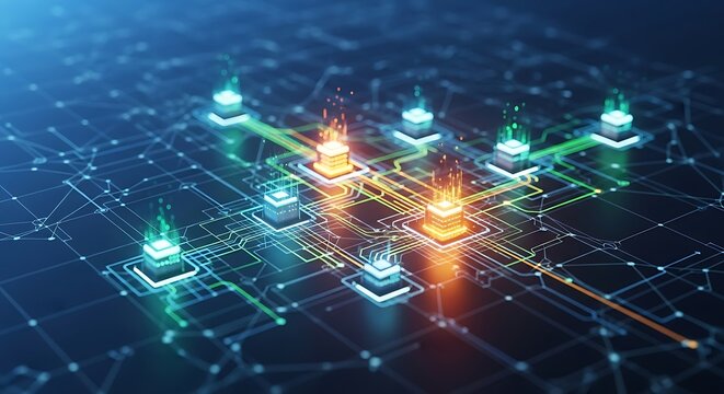 Edge computing network with distributed data processing nodes and real time connections representing future technology AI and decentralized infrastructure
