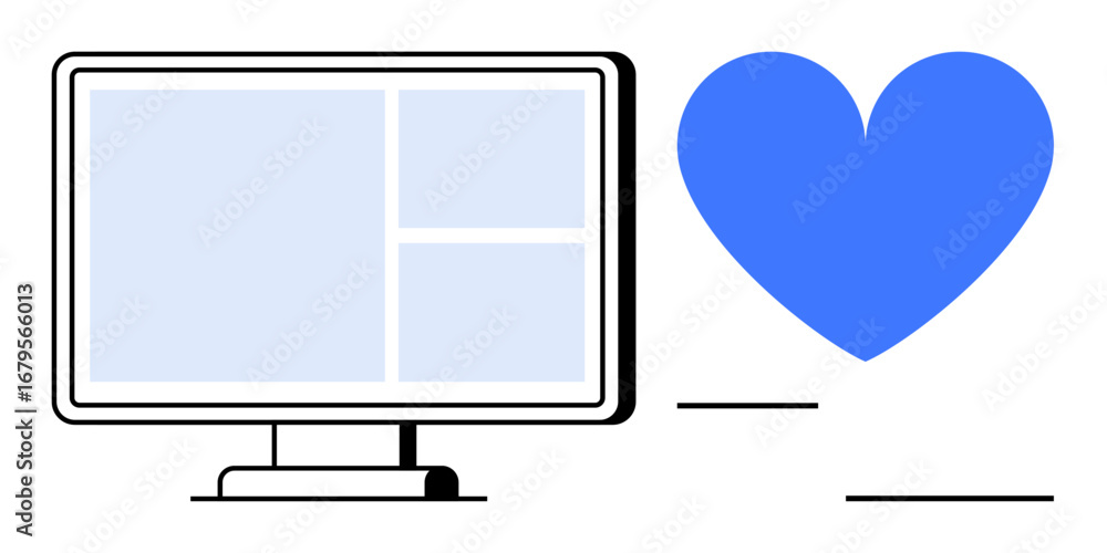 Poster computer monitor displaying a grid layout alongside a bold blue heart. ideal for user interface, web