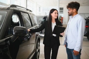 Saleswoman showing new car to customer in dealership
