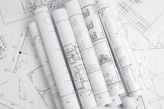 Paper architectural drawings and blueprint. Engineering blueprint