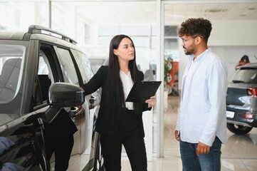 Saleswoman showing new car to customer in dealership