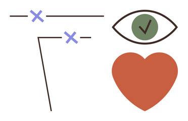 Eye with checkmark, heart, and intersecting geometric lines represent perception, validation, connection. Ideal for mindfulness, emotions, decision-making, creativity vision wellbeing