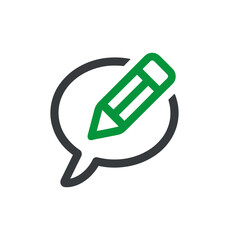 Green pencil icon in speech bubble graphic