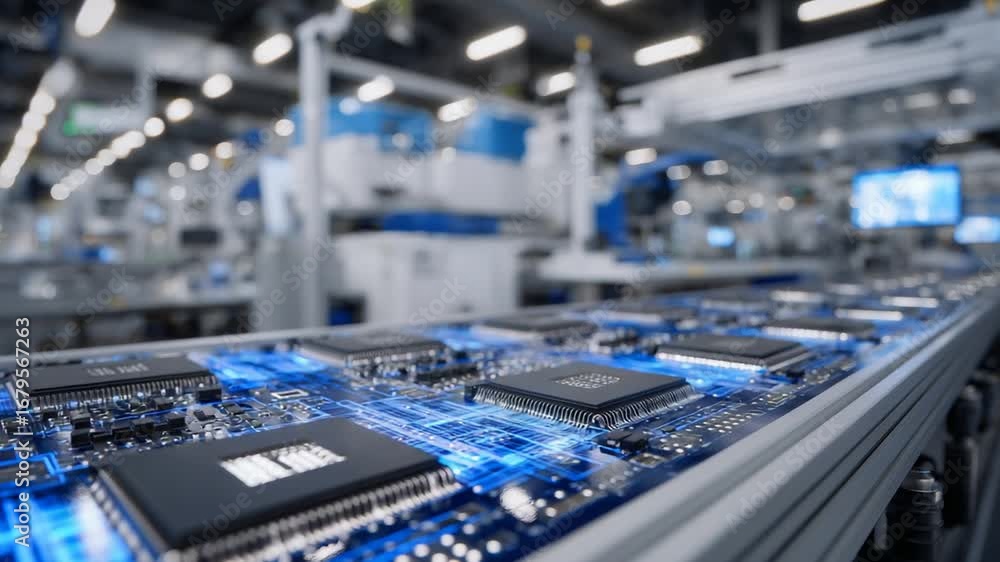 Aufkleber high-tech factory line ensures flawless computer chip production with synchronized movement, camera-