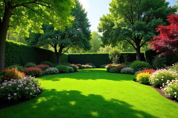Serene backyard oasis featuring lush green lawn, vibrant flowerbeds, and mature trees creating a peaceful atmosphere  Perfect for relaxation and outdoor enjoyment ,  relaxation,  beauty,  environment