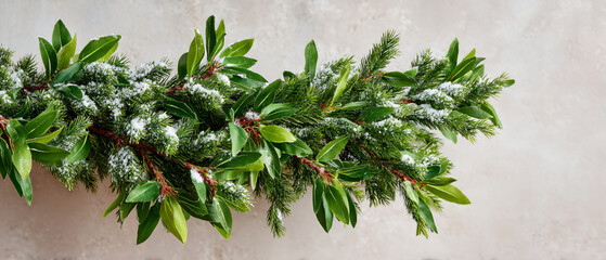 Greenery Mantel Garland with White Flowers, Cozy Holiday Interior Banner