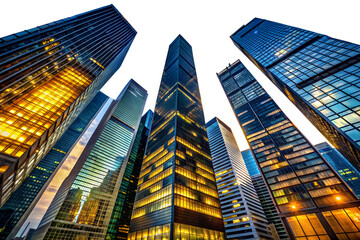 Obraz na płótnie Canvas A dramatic low-angle view of towering modern skyscrapers in a bustling city financial district at night, symbolizing corporate power and economic growth