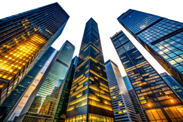 A dramatic low-angle view of towering modern skyscrapers in a bustling city financial district at night, symbolizing corporate power and economic growth