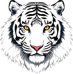 White Tiger Face with Intense Yellow Eyes, Black Stripes, and Pink Nose in Symmetrical Wildlife Illustration with Realistic Fur