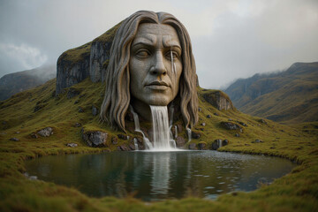 Majestic giant mountain face sculpture with cascading waterfall and reflecting pond