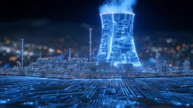 Explore a digital blue cyber-style schematic of a nuclear power plant, showcasing intricate tech and energy circuit textures.
