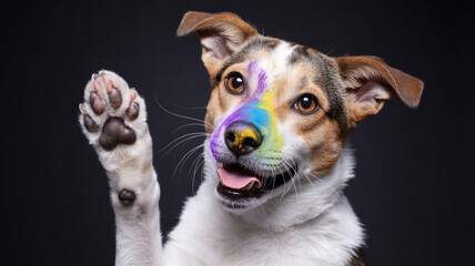 Joyful dog with colorful face paint waves paw against dark background