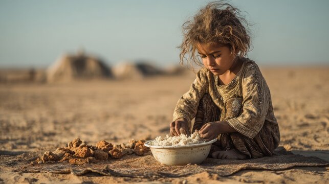 Child eating meager meal in desert