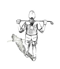 Illustration, black and white graphic, hand drawn ink sketch of a female golfer standing on the field with a club on her shoulders, top view. High quality photo