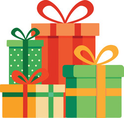 Stack of colorful Christmas presents with ribbons and bows vector illustration on white background