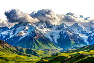 Majestic snowy mountain peaks with green valleys isolated on white background