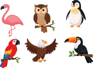 Cartoon bird collection illustration, flamingo, owl, penguin, parrot, eagle, toucan, exotic and wild birds set, cute animal vector design