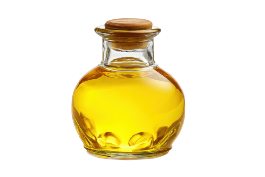 Glass Bottle of Golden Oil on Transparent Background