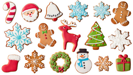 Colorful Christmas cookies in festive shapes like snowflakes, Santa, gingerbread men, and presents on transparent background.