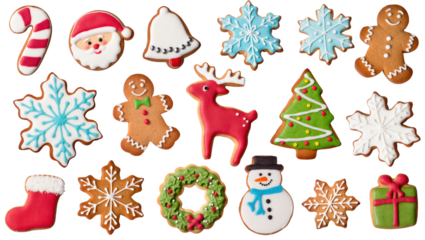 Colorful Christmas cookies in festive shapes like snowflakes, Santa, gingerbread men, and presents on transparent background.