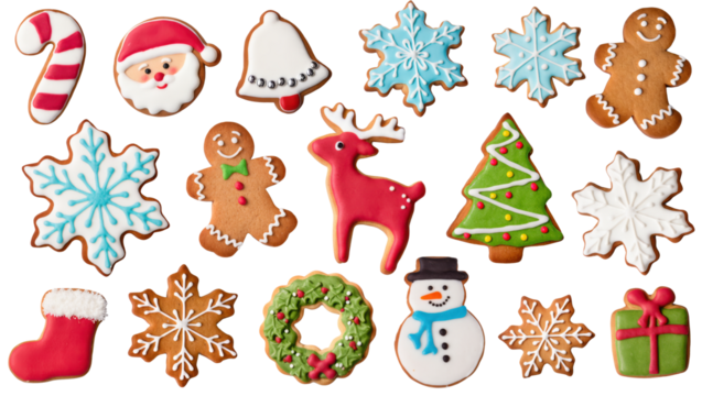 Colorful Christmas cookies in festive shapes like snowflakes, Santa, gingerbread men, and presents on transparent background.