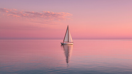 A calm pink sunset reflects gently on the sea, where a single sailboat drifts peacefully across the tranquil horizon.