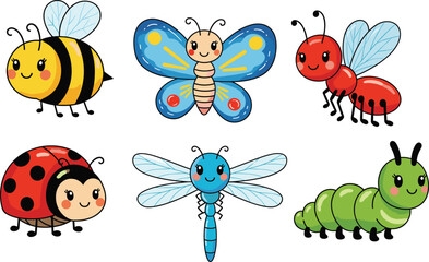 Cute cartoon insects vector set, bee, butterfly, ant, ladybug, dragonfly, caterpillar, colorful bugs illustration for kids, nature and education design