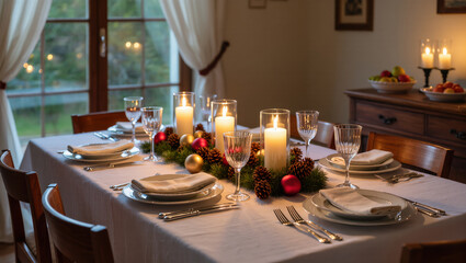 Christmas dinner table with festive candles, pinecones, ornaments, and elegant tableware in cozy holiday home interior