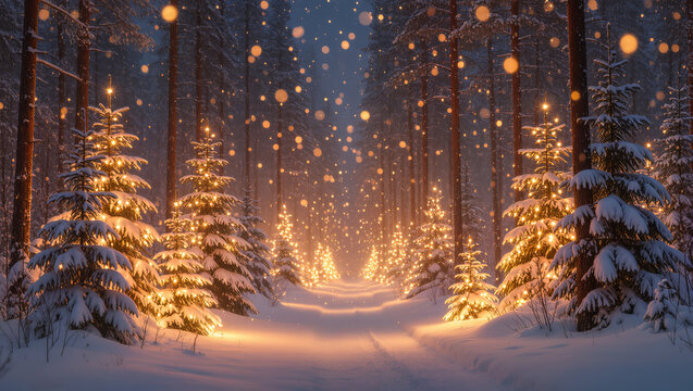 Christmas forest path with glowing decorated trees and falling snow at night creating magical festive winter atmosphere