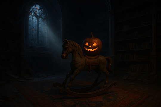 Jack-o-lantern on a Rocking Horse in a Dark Gothic Library at Night