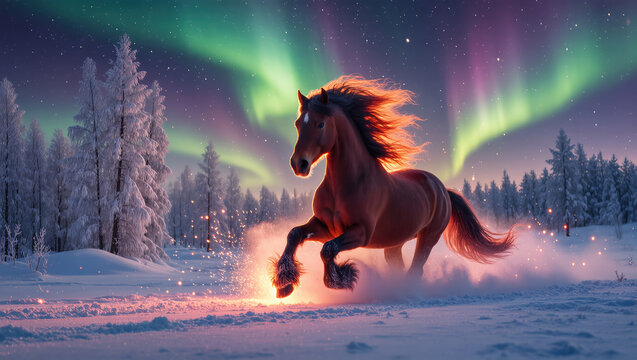 Christmas horse running through snowy forest under northern lights, magical winter scene full of energy and glowing atmosphere.