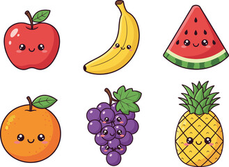 Kawaii cartoon fruit vector set with smiling apple, banana, watermelon, grapes, pineapple, orange, cute healthy food illustration for kids design
