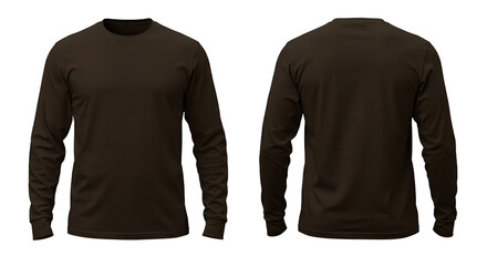 Blank Dark Brown Long Sleeve T-Shirt, Front and Back Mockup, Isolated on Transparent Background