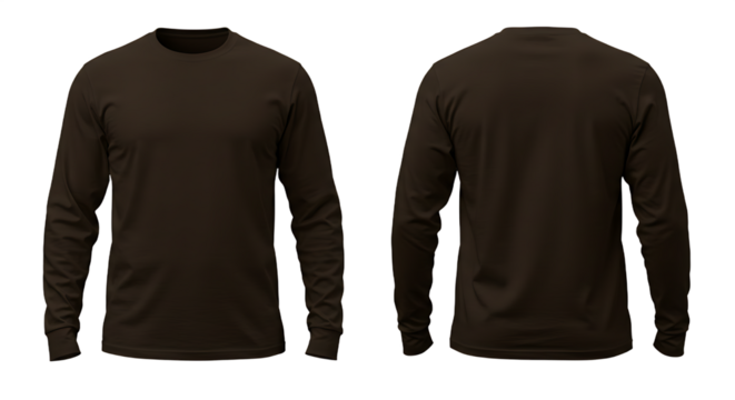 Blank Dark Brown Long Sleeve T-Shirt, Front and Back Mockup, Isolated on Transparent Background