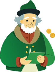 Old man in green coat holding a book with gold coins nearby on white background