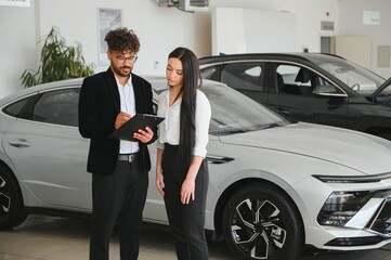 Arab Car salesman showing a new car to a businesswoman in a dealership