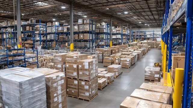 A mezzanine view showcases an organized distribution floor with systematically arranged pallets and boxed merchandise along spacious aisles.