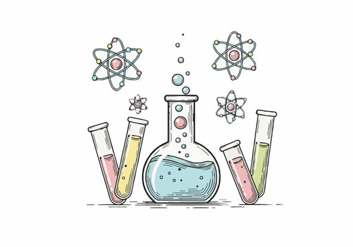 Educational chemistry illustration: Flask, test tubes, and atoms for science learning, great for World Teacher's Day.