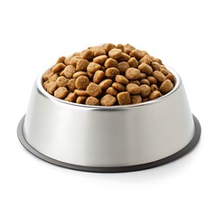 A stainless steel bowl filled to the brim with dry dog food on a white background in a studio shot