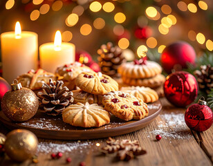 Fototapeta premium Christmas cookies on table with holiday decorations