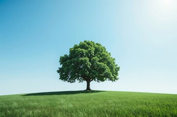 Fototapeta premium Lone tree, green field, clear sky, idyllic landscape, nature