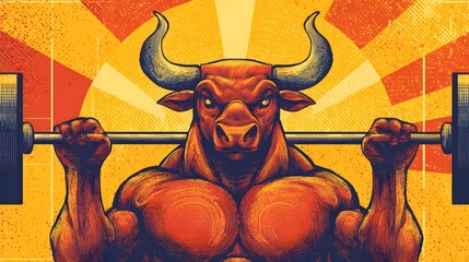 Vibrant Cartoon-Style Vector Art of a Muscular Bull Lifting a Heavy Barbell Emphasizing Perseverance and Power