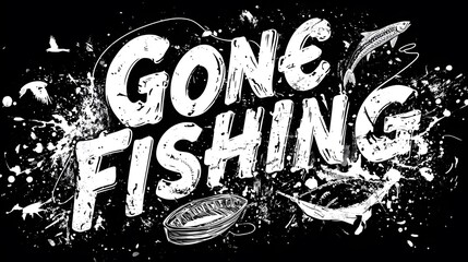 Energetic Black and White 'Gone Fishing' Poster Featuring Expressive Typeface and Whimsical Splatter Effects Evoking Adventure and Imagination
