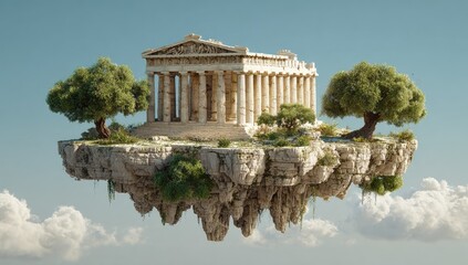 Ancient temple floats in the clouds, nestled on an island of stone and trees