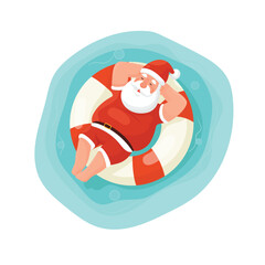 Santa relaxing in an inner tube on the sea, Hawaiian Christmas. Flat vector clipart, illustration with isolated background.