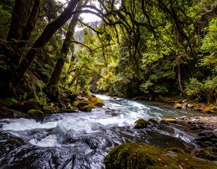 Obraz premium A tranquil forest stream, flowing amidst lush greenery and mossy rocks, showcasing the beauty of nature's serene environment.