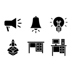 Fototapeta premium A collection of six vector icons themed around business and startups in a flat monochrome style. Includes a megaphone for marketing, a notification bell, a creative idea light bulb, and more.